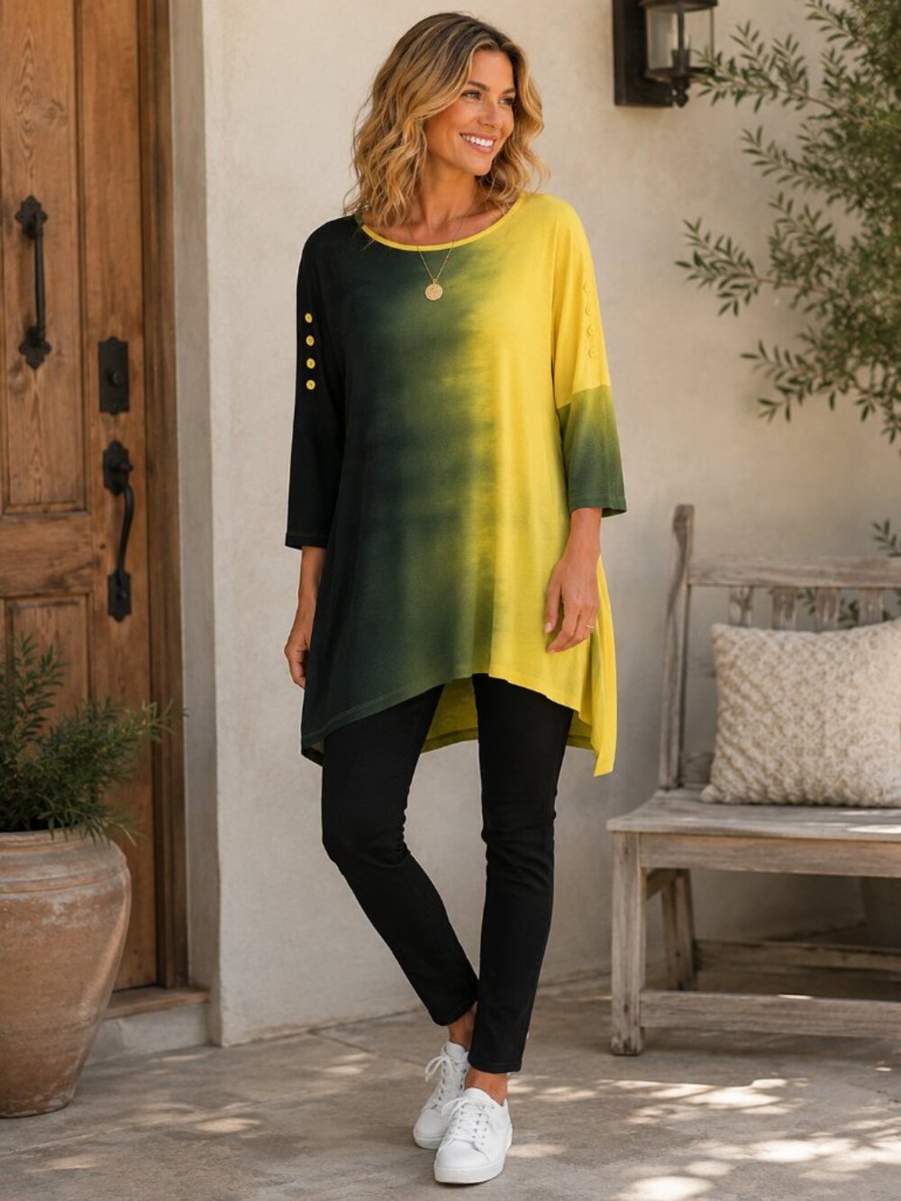 Clara Sun Woo Ombre Top  Size S Artsy Yellow Green Oversized Lagenlook Stretch